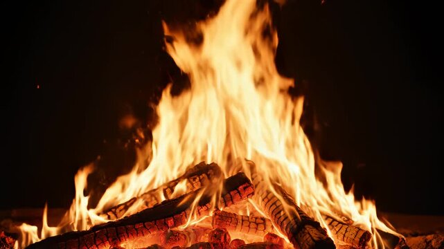 Wood burning in a fire with flames and sparks for environmental projects, nature documentaries, and commercials