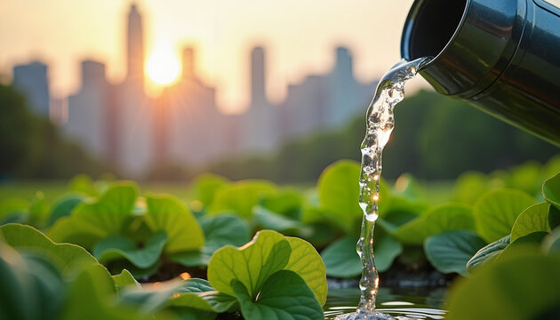 Water pouring from a can, peaceful mood, in a green park, with a city skyline background