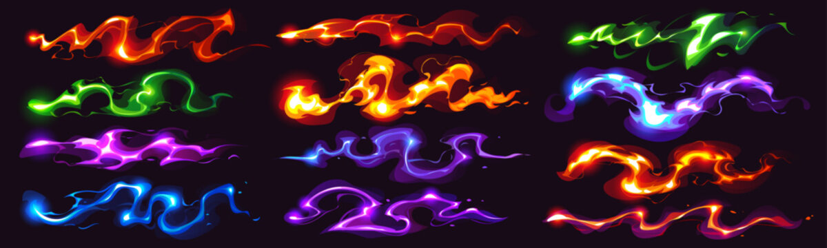 Cartoon game magic power waves, wizard glow vfx light effect. Red, orange, green, blue and purple streams with fluid curves fantasy magic effect. Vector glowing energy flames, dynamic swirling shapes