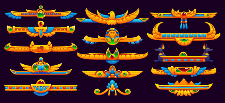 Ancient Egypt ornaments, egyptian divider frame and border lines, vector game UI. Cartoon gold egyptian dividers set with Anubis, scarab and pharaoh pyramids, Horus wings, eyes and ankh symbols
