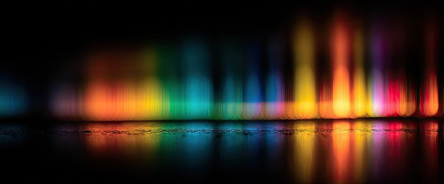 A vibrant, abstract image showcases a spectrum of blurred colors reflected on a dark, wet surface, creating a mesmerizing and dynamic visual effect.