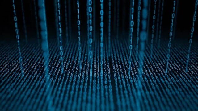 Abstract digital binary code rain on a dark background, data concept illustration