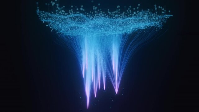 Abstract AI neural network visualization with glowing blue particle wave and purple light beam streams on dark background. 3D render of data flow connections representing machine learning and deep lea