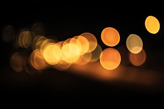 A blurred stream of golden bokeh lights creates an ethereal and dreamy atmosphere against a dark background.