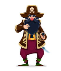 Fototapeta premium Cartoon pirate captain character with pistol. Medieval corsair with bushy beard holding a flintlock gun. Vector sea rover, funny swashbuckler comic personage wearing a tricorn hat, long coat and boots
