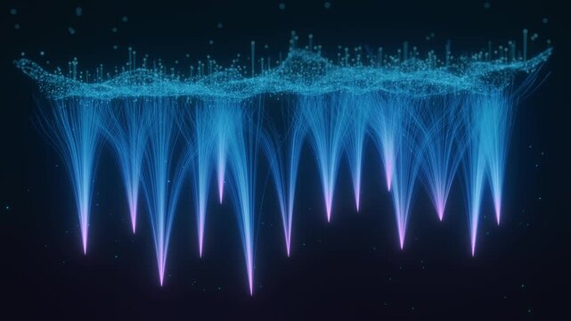 Abstract AI neural network visualization with glowing blue particle wave and purple light beam streams on dark background. 3D render of data flow connections representing machine learning and deep lea