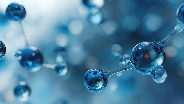 A detailed, abstract visualization of water molecules, showcasing their interconnected structure and crystalline appearance against a blurred, cool-toned background.