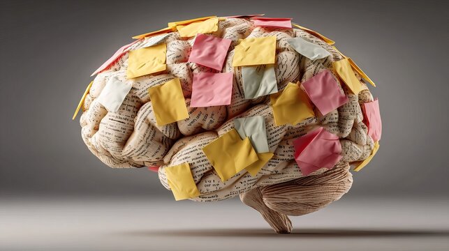 Conceptual Artistic Brain Covered with Colorful Sticky Notes Reminder Illustration