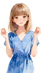 Naklejka premium Watercolor illustration of a young woman in blue dress