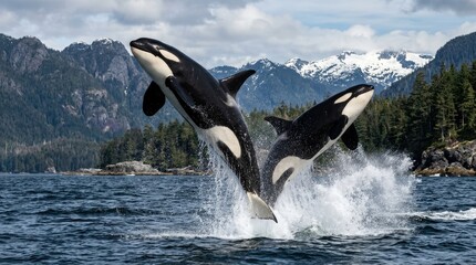 Obraz premium Majestic Orcas Leaping from Ocean Surface Against Scenic Mountain Backdrop in Alaska
