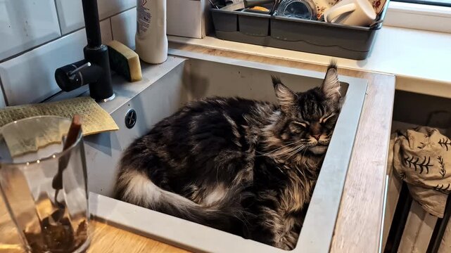 A fluffy Maine Coon cat curls up comfortably in a modern kitchen sink, surrounded by everyday items on a sunlit countertop.