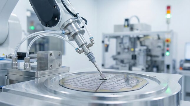 Machine extracting silicon dies from wafer in semiconductor fabrication line, precision robotics, microchip manufacturing process