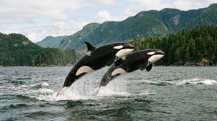 Obraz premium Two Orcas Leaping from Water Against a Scenic Mountainous Backdrop in Nature's Embrace