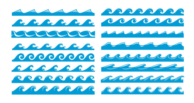 Blue wave borders and divider frames of marine line with sea wave patterns, vector wavy curls. Ocean water splashes with ripples or tide surfs and ocean flow with stormy waves for wave borders