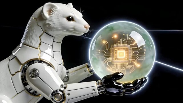 3D Mechanical Marten Sculpture - White Porcelain & Imperial Jade - Futuristic AI Data Processing Asset - Isolated on Seamless Black Void
