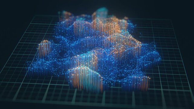 Abstract 3D big data visualization with glowing blue network mesh and orange data bar chart rising from digital grid. Futuristic analytics, business intelligence, and data science technology concept o