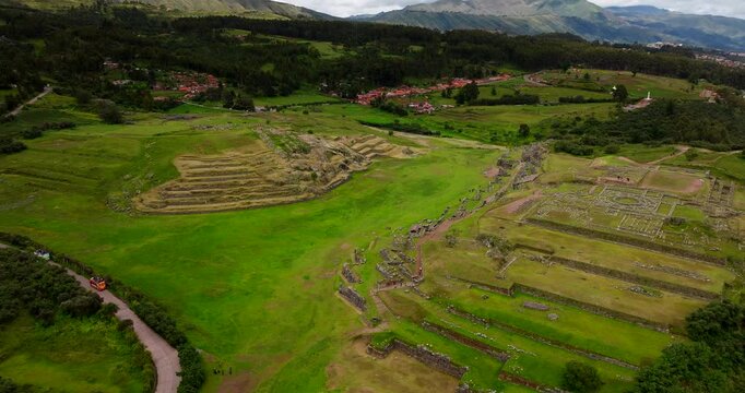 Saqsaywaman Inca Ruins, Circular Shape, Ancient Site, Aerial Cinematic