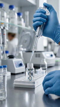 Laboratory worker uses pipette to transfer liquid into container during research on DNA samples