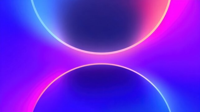 Abstract digital artwork with futuristic neon glow, featuring two luminous semicircles in gradients of cyan, pink and bl