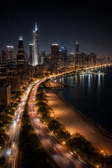Fototapeta premium Aerial view of Chicago city skyline at night with long exposure traffic