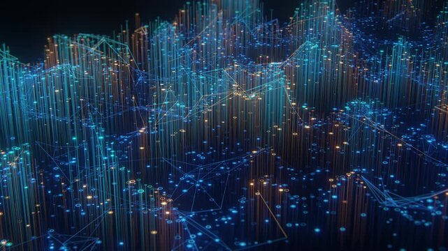 Abstract 3D big data stream with glowing blue and orange vertical lines, connected node network and polygon mesh on dark background. Futuristic data flow, blockchain, and digital technology visualizat