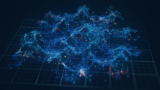 Abstract 3D digital network map with glowing blue polygon mesh, connected nodes and orange highlight points floating on dark grid surface. Futuristic data topology, blockchain, and global connectivity