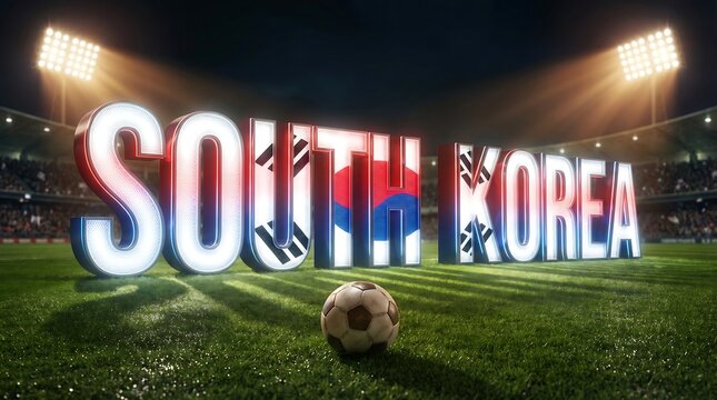 South Korea soccer stadium with flag text and ball