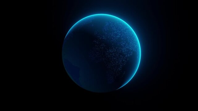 Glowing cyan digital Earth globe with neon rim light and particle dot map on pure black space background. Minimal 3D render of dark planet with luminous atmosphere. Futuristic global technology and sc