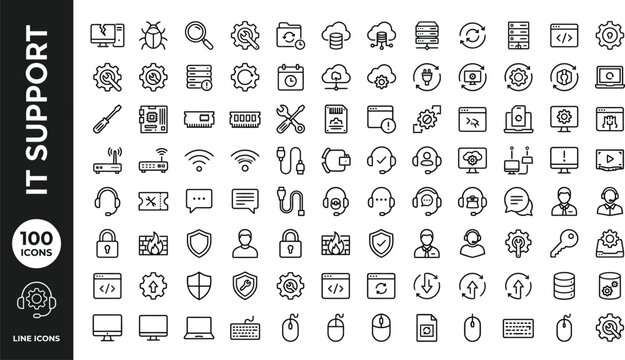 A collection of line icons depicting various IT support concepts and tools. AI, eps, png, jpg. transparent background.