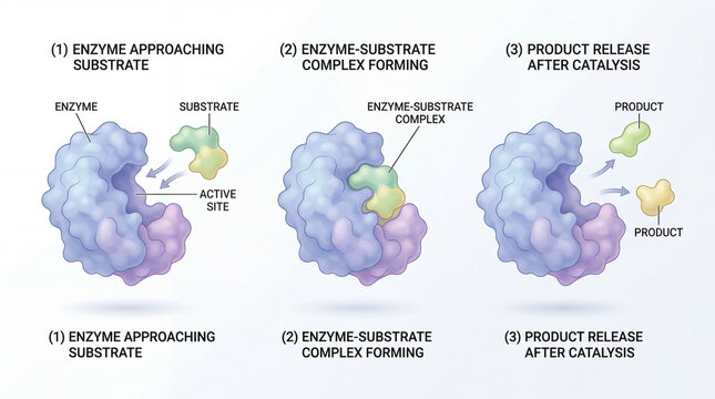 Enzyme interacts with substrate to form complex and release product in three steps of catalysis