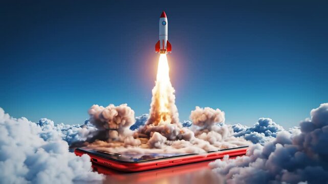 Rocket launching from smartphone for tech concepts, digital marketing, and scientific projects