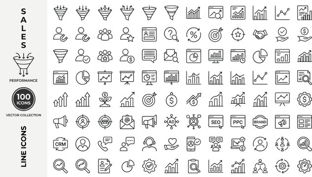 A collection of line icons for sales and marketing, including graphs, charts, and people. AI, eps, png, jpg. transparent background.