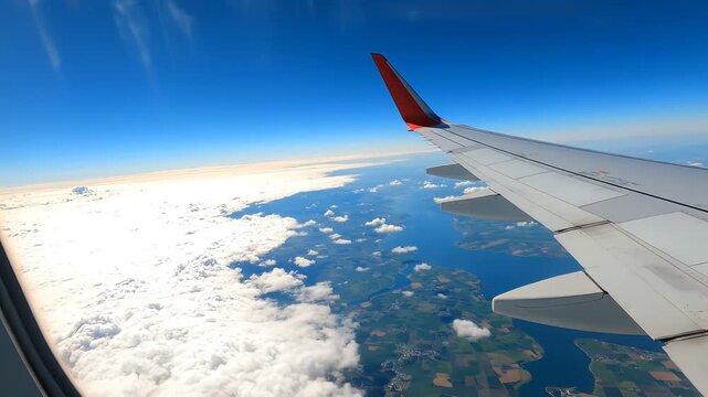 Airplane wing view from window for environmental projects, nature documentaries, and commercials