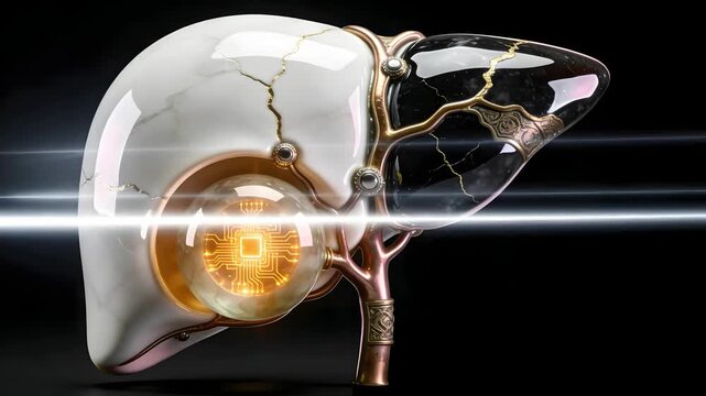 3D Mechanical Liver Core - White Porcelain & Obsidian - Futuristic Bio-AI & MedTech Video - Isolated on Black Void