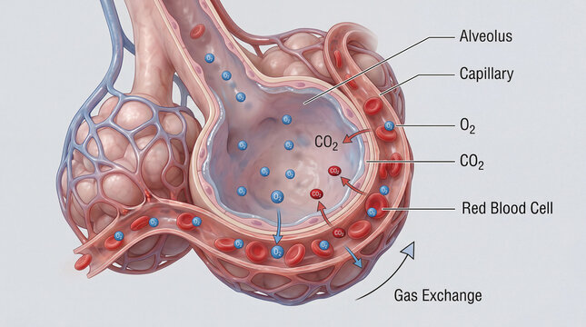 Gas exchange process in lungs showing oxygen and carbon dioxide movement during respiration