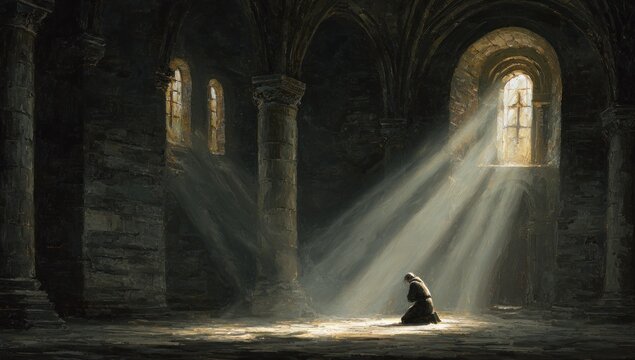 Mysterious Figure in Dimly Lit Cathedral.