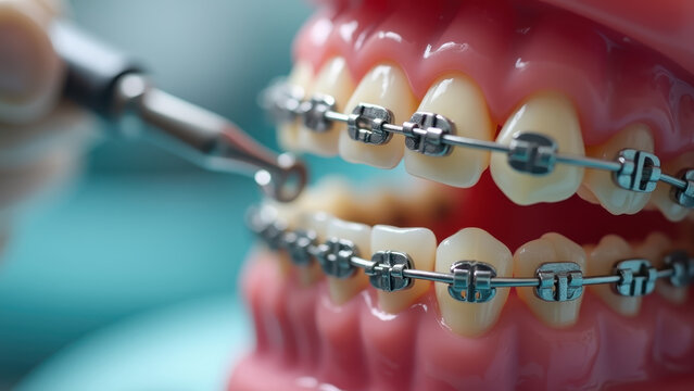 Orthodontic metal braces wire being tightened with dental tool on molars, dental chair background