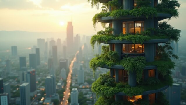 Futuristic vertical forest skyscraper with lush green terraces in polluted megacity at dawn, hazy urban skyline background