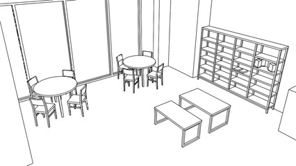 Architectural sketch of a library or study room with tables and bookshelves © freelancemoment