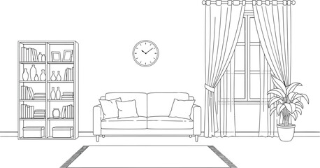 Sketch of a modern living room interior with bookshelves and a sofa © freelancemoment