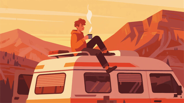 Illustration Of A Man Sitting And Drinking Coffee On The Roof Of A Campervan Vector Design Template