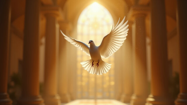 Single white dove released inside golden cathedral with light shaft catching wings, stone arch background