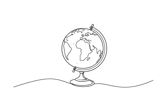 Minimal line drawing of a tabletop globe on a stand, showing world continents in simple outline on a clean white background