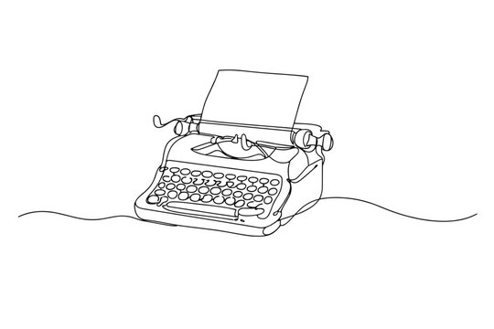 Minimalist continuous line drawing of a vintage typewriter with paper sheet inserted, simple monochrome outline illustration on white background
