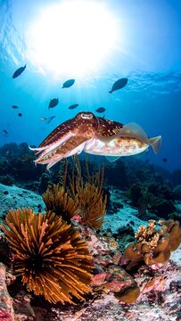 Cuttlefish swims above coral reef, surrounded by fish, in clear blue water. Sun shines above