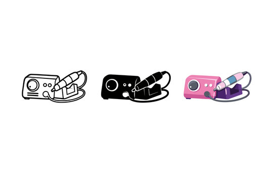 Minimal vector set of three electric nail drill machines with handpieces and cords, shown in outline, solid black, and colorful styles on white