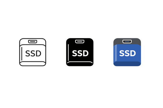Three solid-state drive icons in outline, filled, and gradient styles, representing digital storage and memory device symbols on a white background
