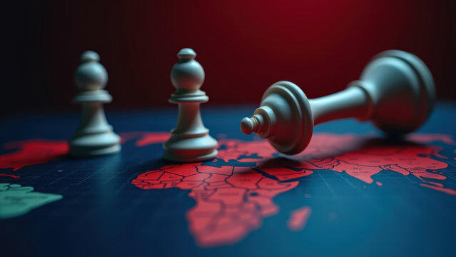 Tariff trade war chess pieces clashing on global economic map surface, bokeh dark strategic background
