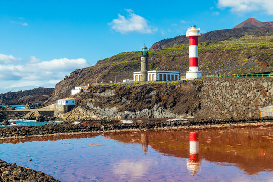 View of the Fuencaliente salt pans (Salinas de Fuencaliente) and lighthouse on La Palma island, Canary, Spain