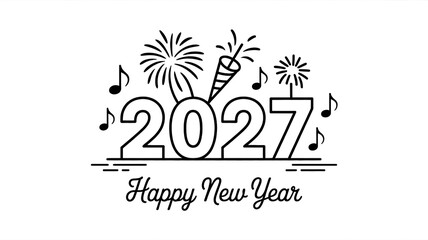 Naklejka premium Minimalist Line Art 2027 New Year Celebration with Fireworks Party Horn and Musical Notes for Greeting Cards Invitations and Festive Designs